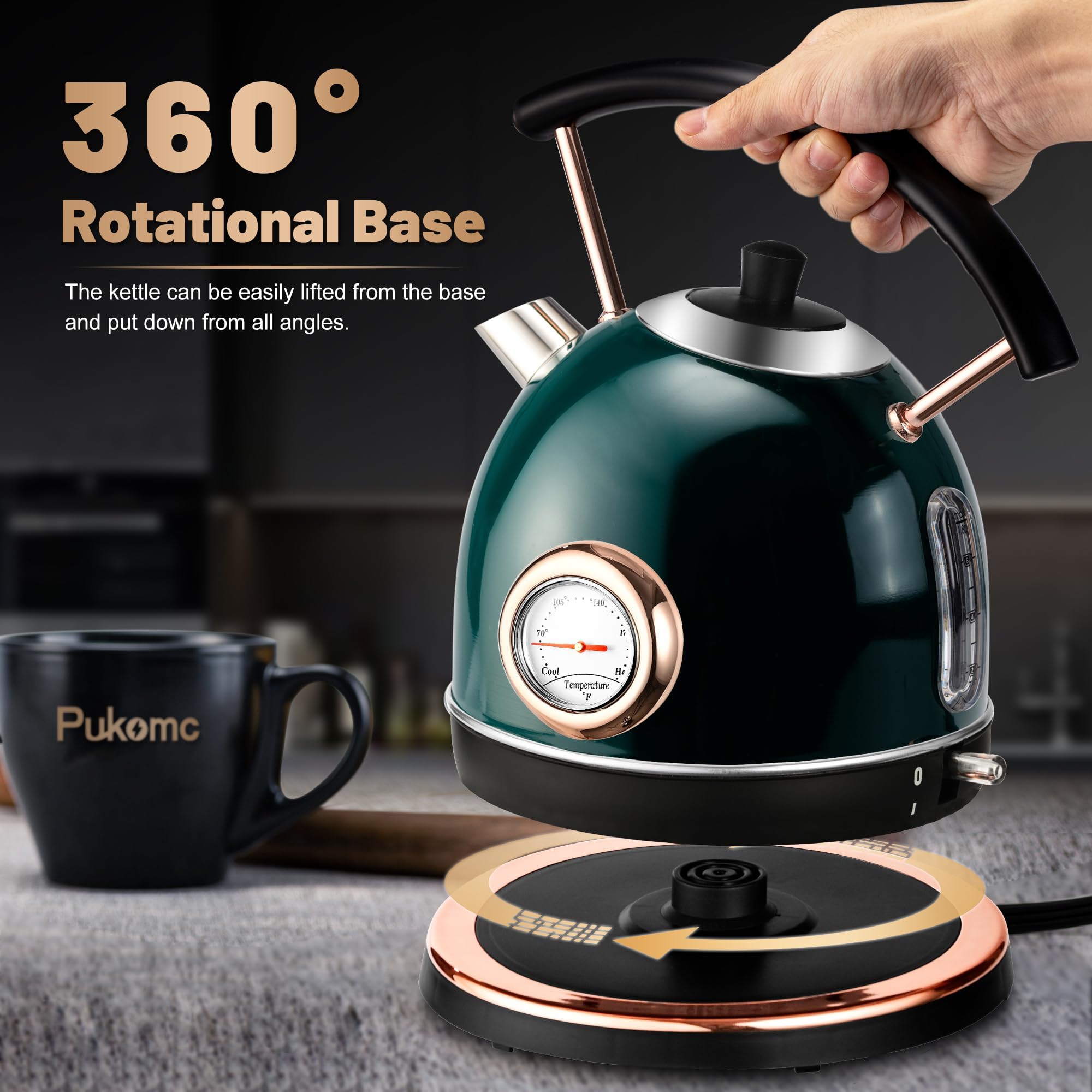 Pukomc 1.7L Electric Water Kettle with Temperature Gauge, Hot Water Boiler & Tea Heater with Curved Handle, Visible Water Level Line, Led Light, Auto Shut-Off&Boil-Dry Protection,Green