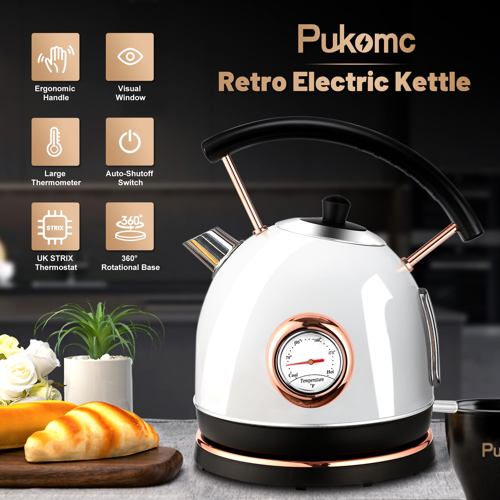 Pukomc 1.7L Electric Water Kettle with Temperature Gauge, Hot Water Boiler & Tea Heater with Curved Handle, Visible Water Level Line, Led Light, Auto Shut-Off&Boil-Dry Protection,Green