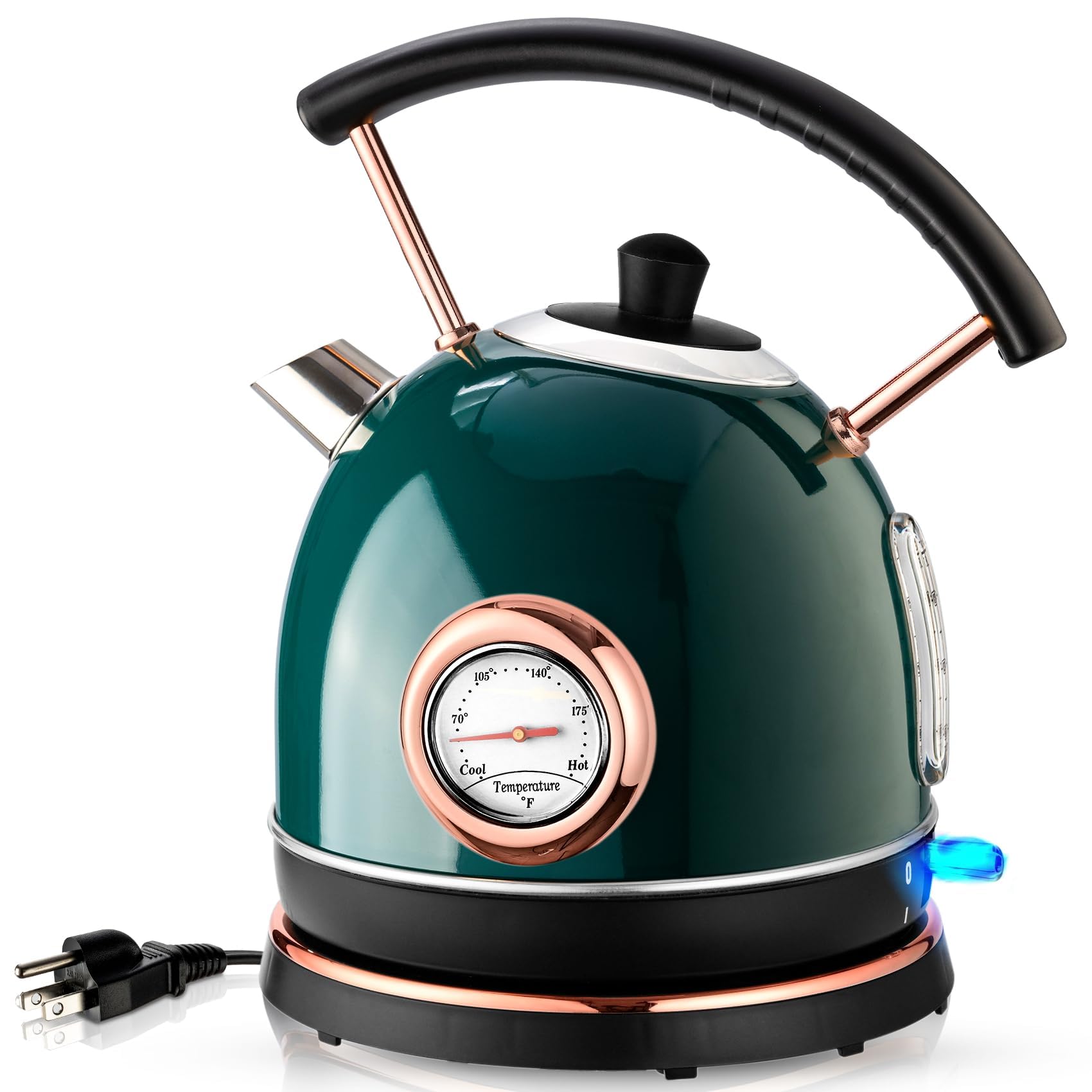 Pukomc 1.7L Electric Water Kettle with Temperature Gauge, Hot Water Boiler & Tea Heater with Curved Handle, Visible Water Level Line, Led Light, Auto Shut-Off&Boil-Dry Protection,Green