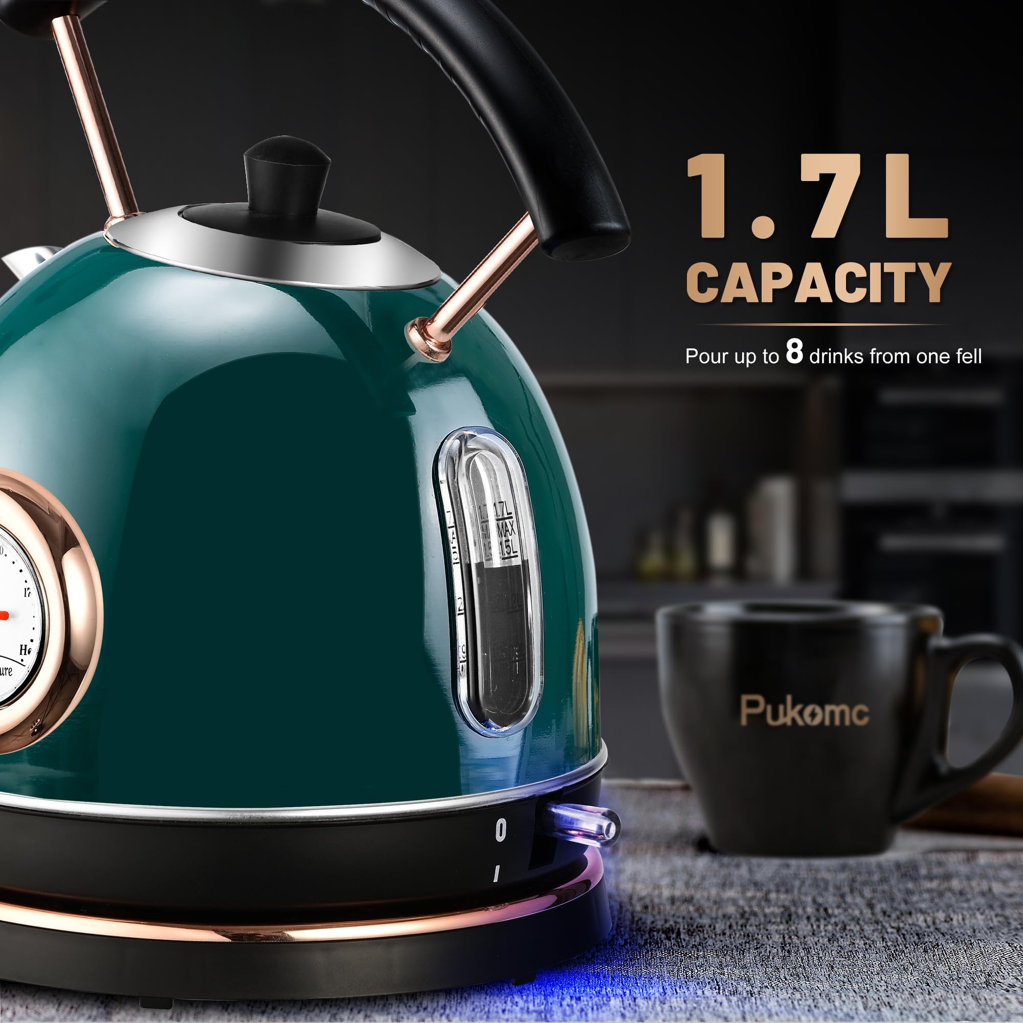 Pukomc 1.7L Electric Water Kettle with Temperature Gauge, Hot Water Boiler & Tea Heater with Curved Handle, Visible Water Level Line, Led Light, Auto Shut-Off&Boil-Dry Protection,Green