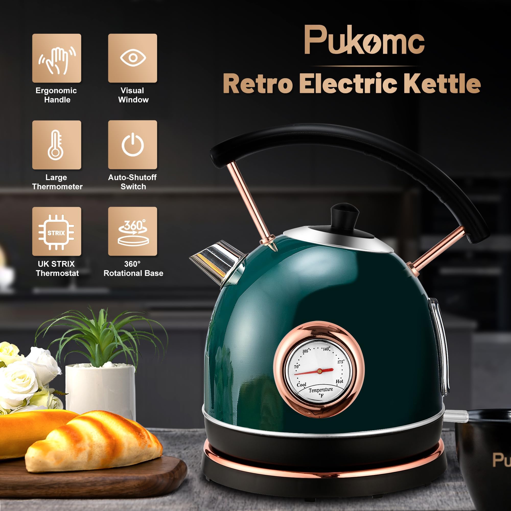 Pukomc 1.7L Electric Water Kettle with Temperature Gauge, Hot Water Boiler & Tea Heater with Curved Handle, Visible Water Level Line, Led Light, Auto Shut-Off&Boil-Dry Protection,Green