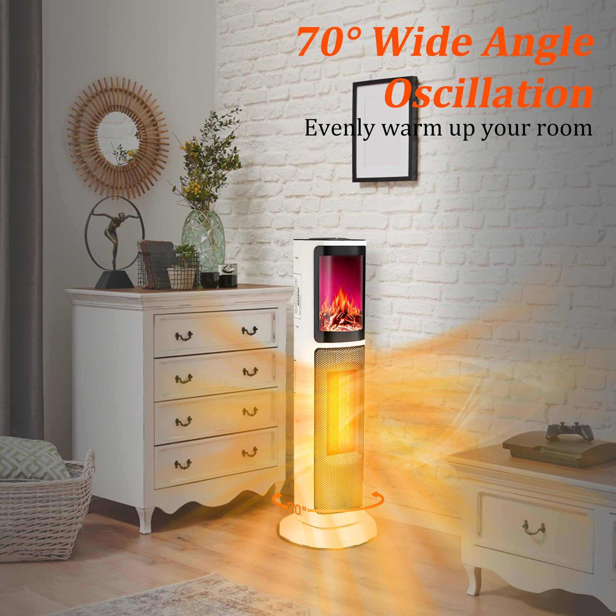 Pukomc Space Heater for Indoor Use,1500W Portable PTC Ceramic Tower Heater with Remote, Adjustable Thermostat, Timer Control, 70° Oscillation, White