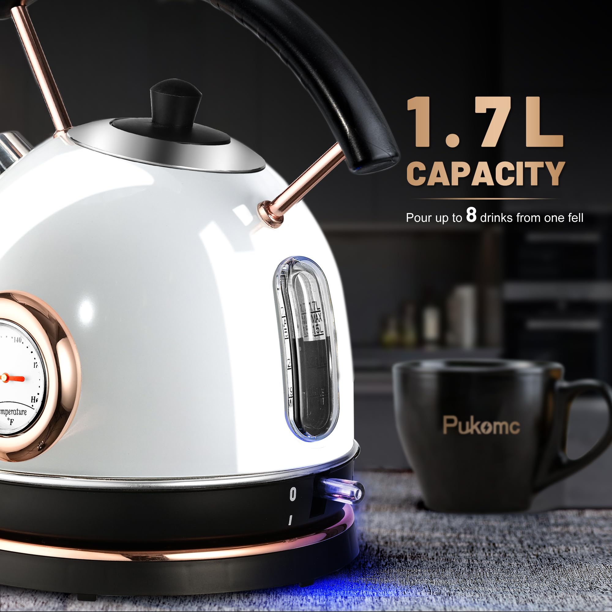 Pukomc 1.7L Electric Water Kettle with Temperature Gauge, Hot Water Boiler & Tea Heater with Curved Handle, Visible Water Level Line, Led Light, Auto Shut-Off&Boil-Dry Protection,Green